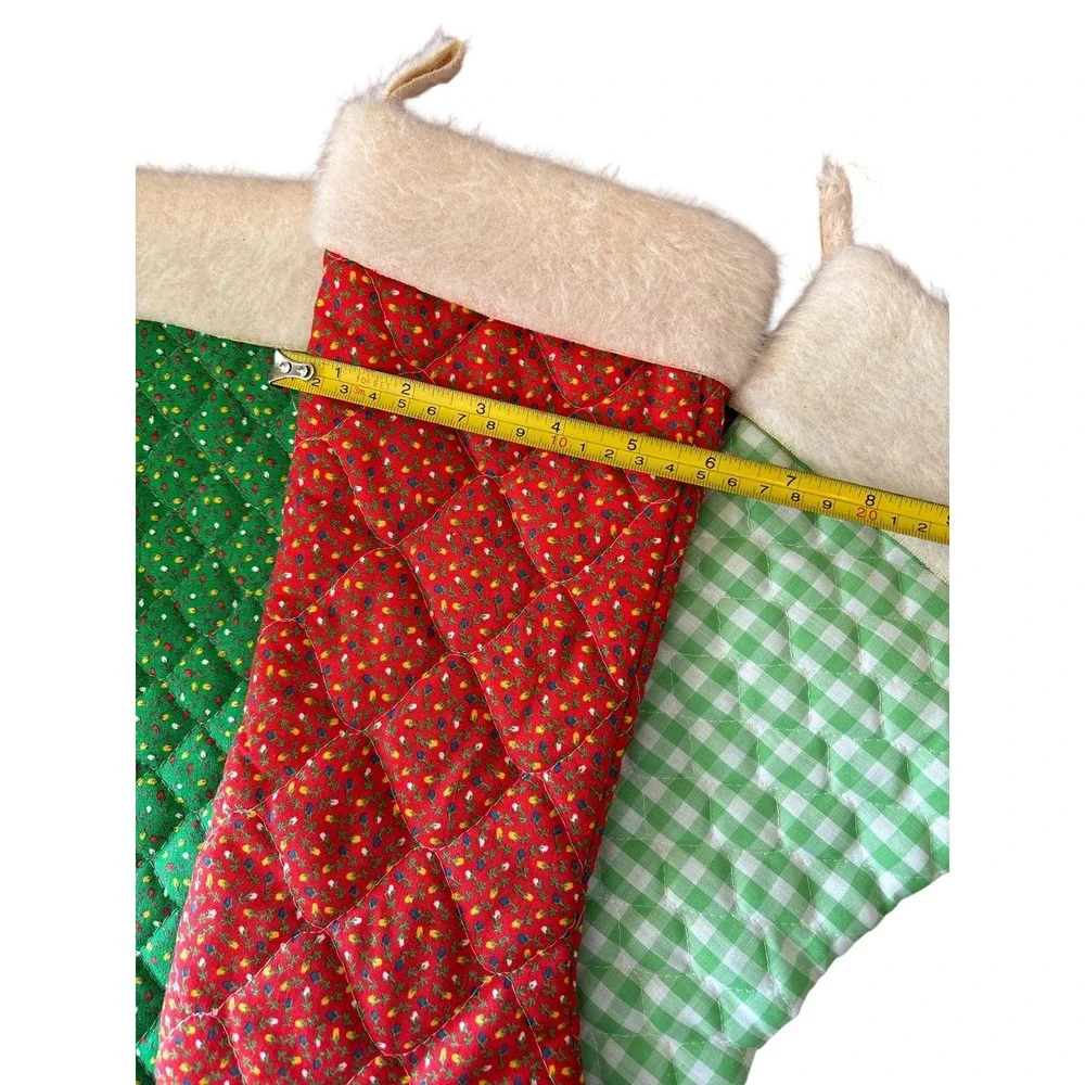 Vintage Quilted Christmas Stockings Set of 3 Faux Fur Trim Crochet Minis Holiday
